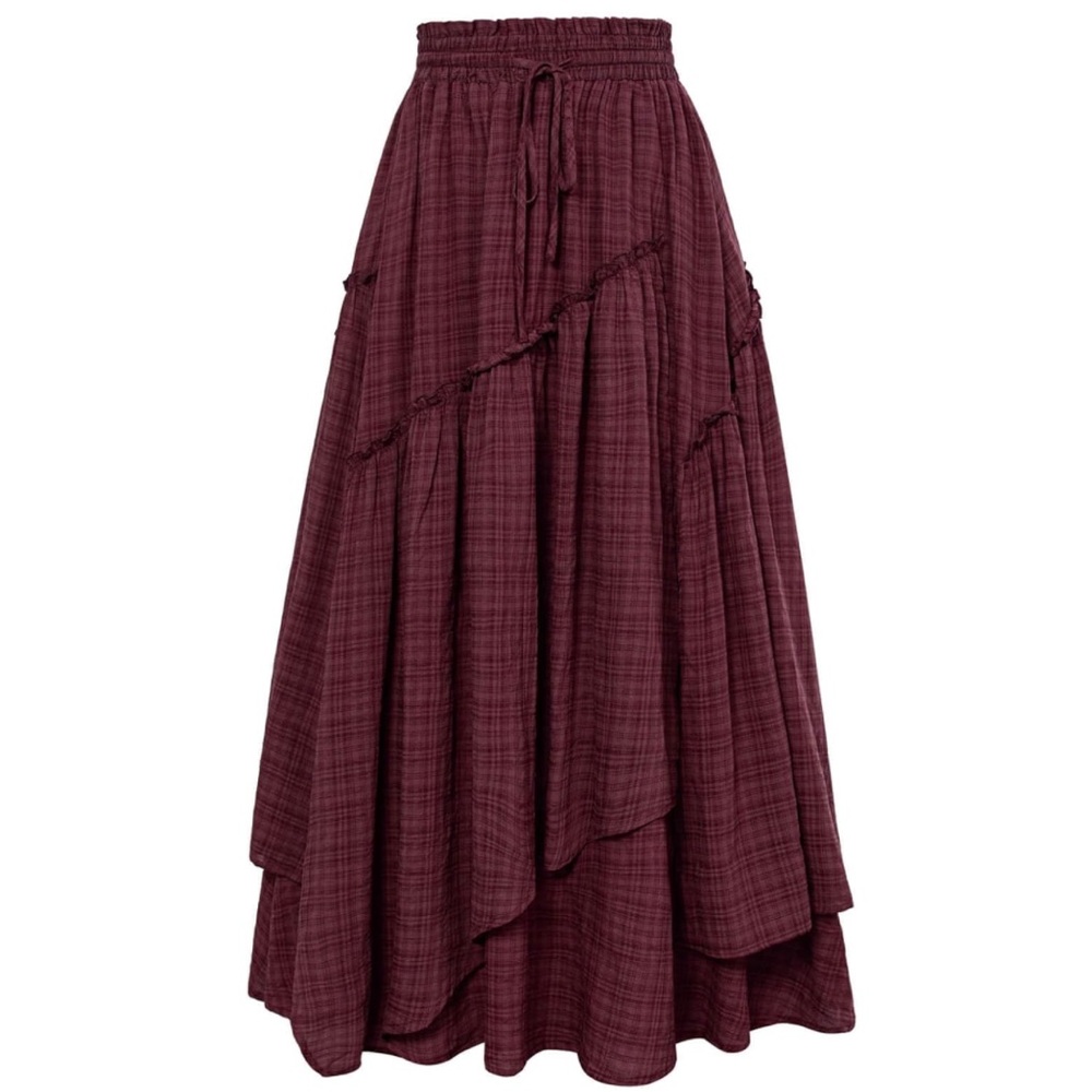Boho Tiered Maxi Skirt in Burgundy